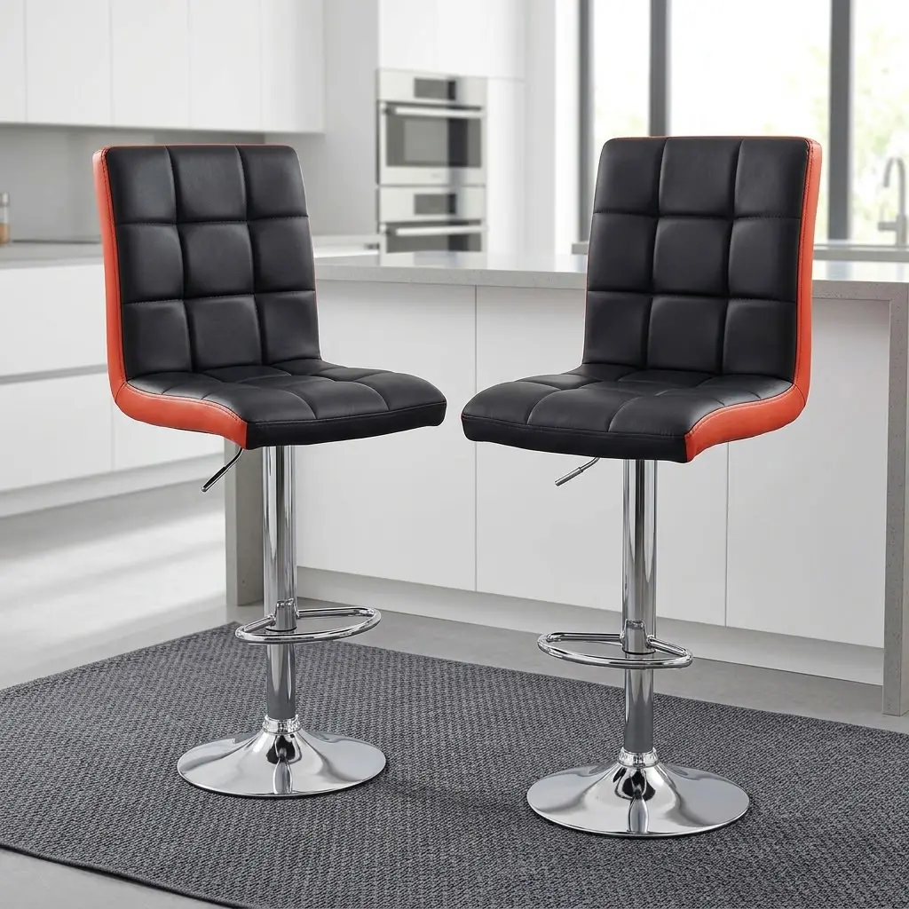 Adjustable Leather Bar Stool with padded backrest, adjustable height, footrest, and chrome base