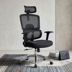 Orthopedic Mesh Office Chair with headrest, lumbar support, padded seat, and five-star chrome base