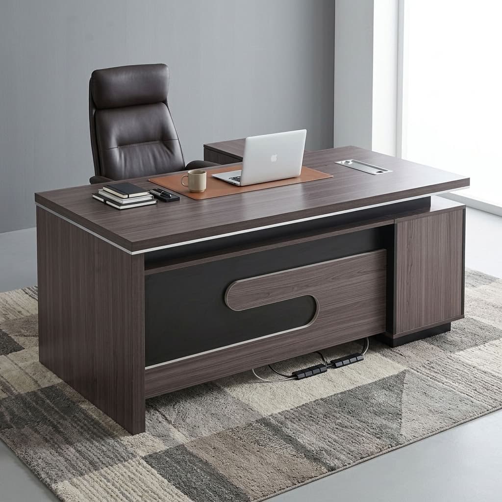 1.6m High-End Executive Office Table with side return, drawers, cabinets, and open storage