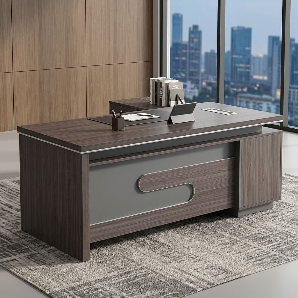 1.6m High-End Executive Office Table with side return, drawers, cabinets, and open storage