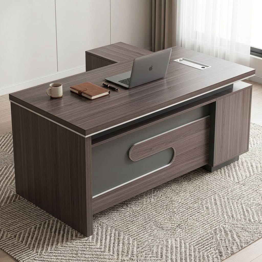 1.6m High-End Executive Office Table with side return, drawers, cabinets, and open storage