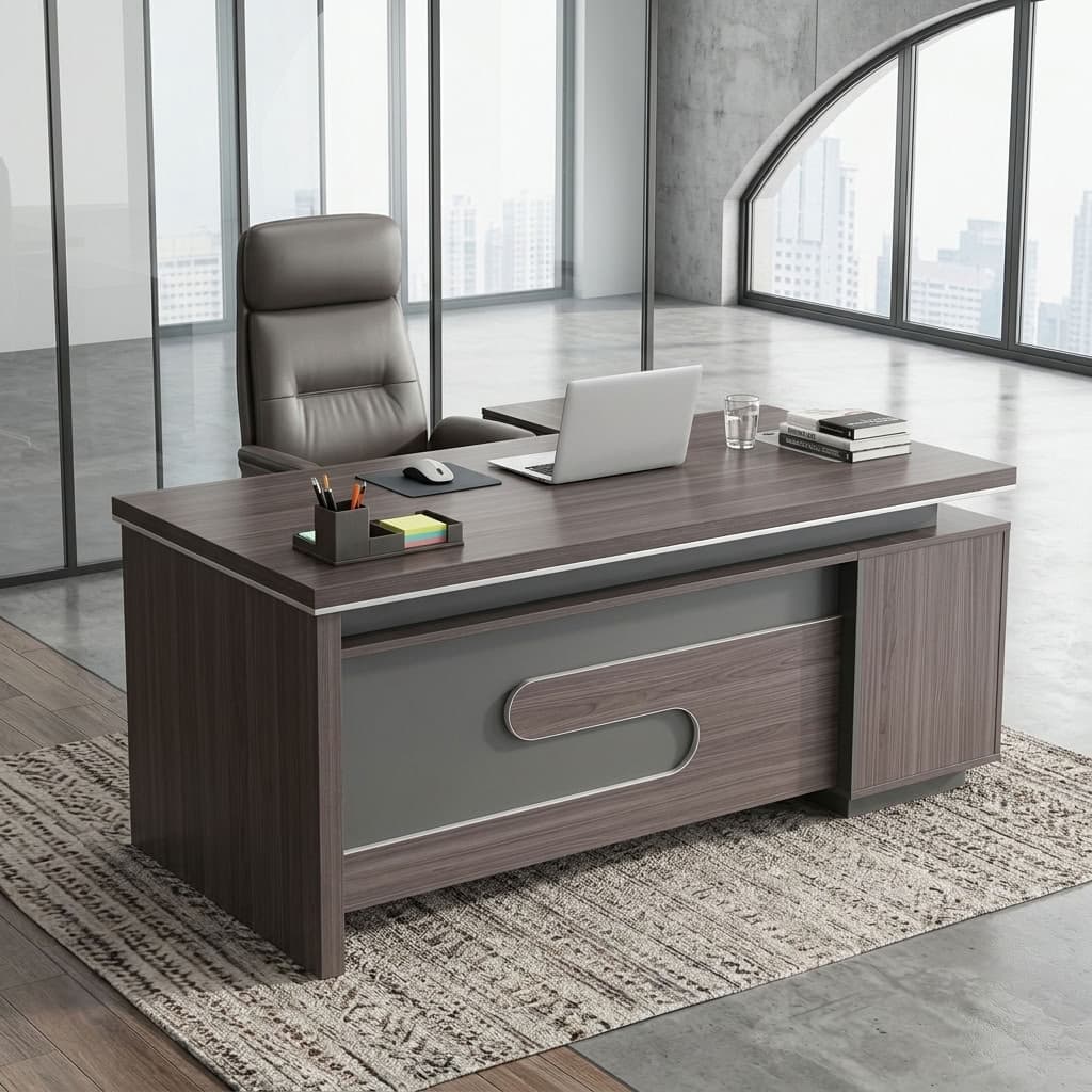 1.6m High-End Executive Office Table with side return, drawers, cabinets, and open storage