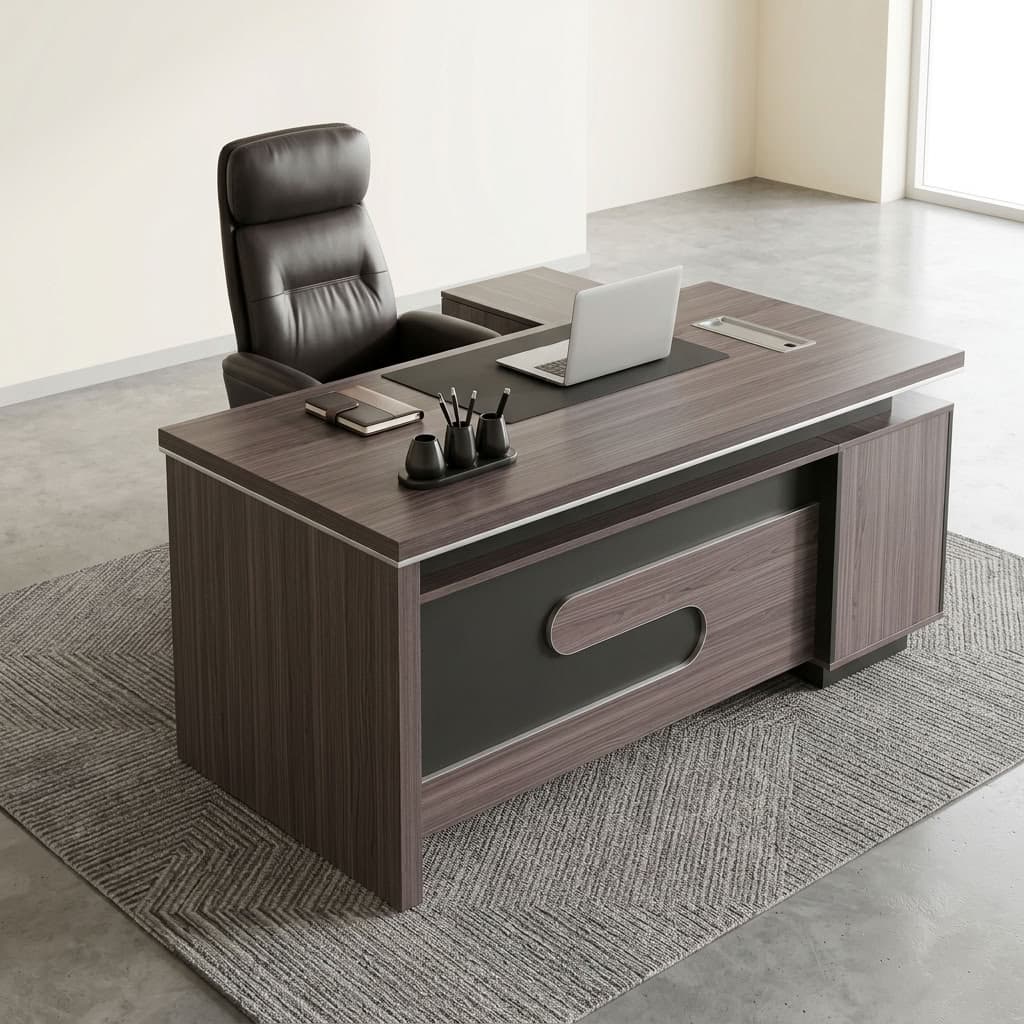 1.6m High-End Executive Office Table with side return, drawers, cabinets, and open storage
