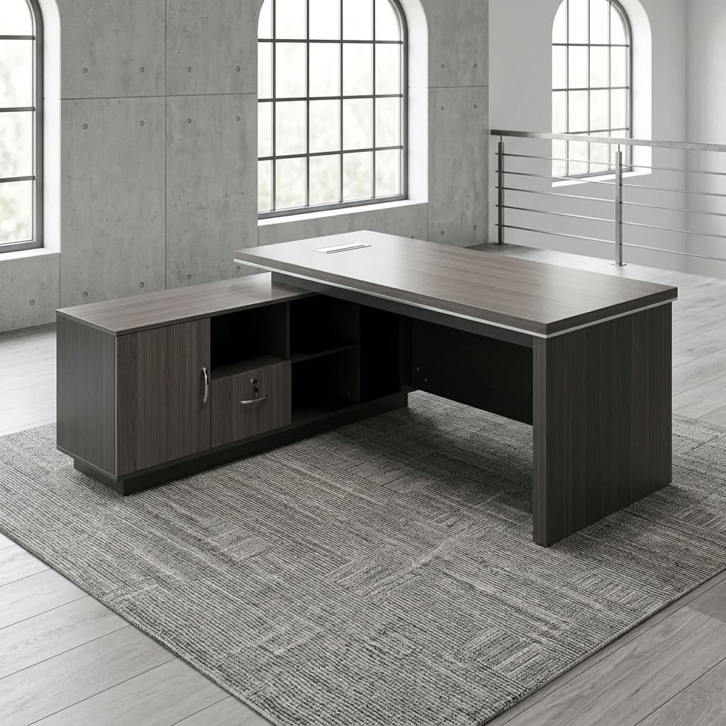 1.6m High-End Executive Office Table with side return, drawers, cabinets, and open storage