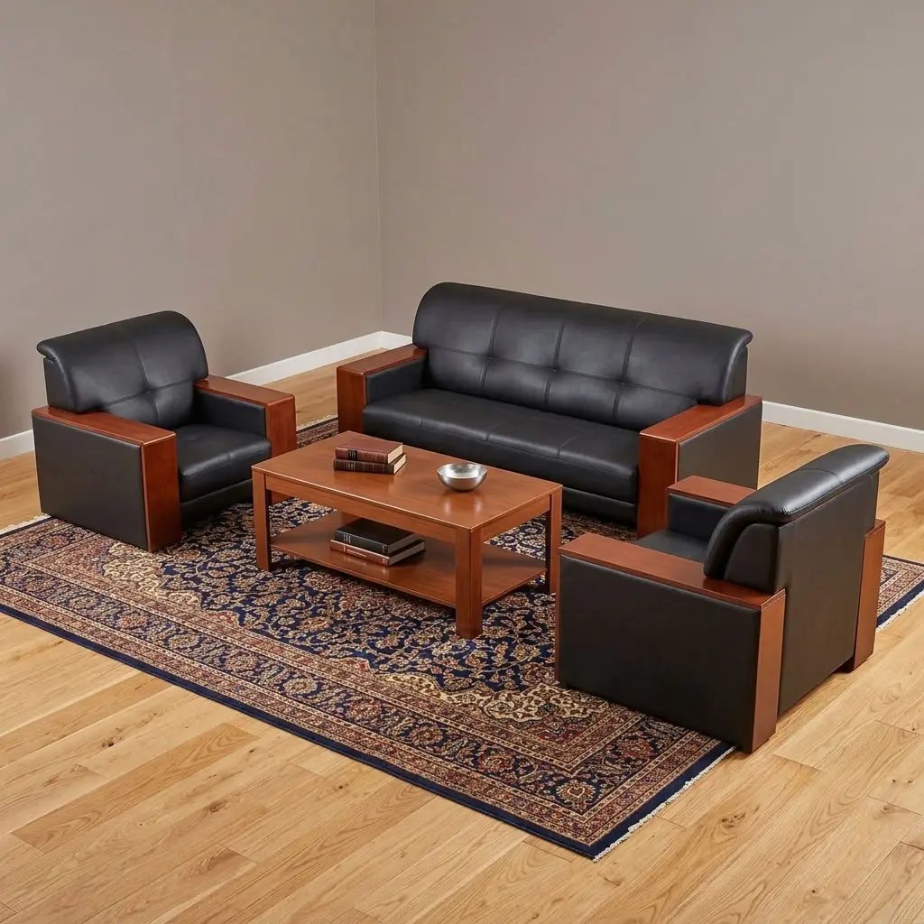 Corporate Waiting Room Set with black three-seater sofa and matching single office chairs