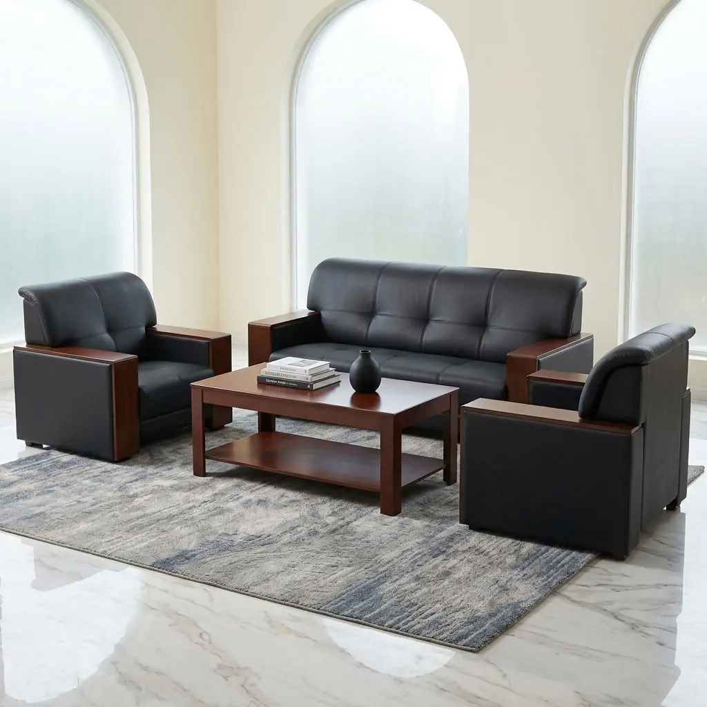 Corporate Waiting Room Set with black three-seater sofa and matching single office chairs
