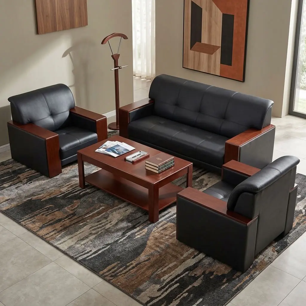 Corporate Waiting Room Set with black three-seater sofa and matching single office chairs