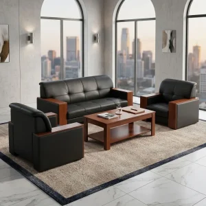 Corporate Waiting Room Set with black three-seater sofa and matching single office chairs