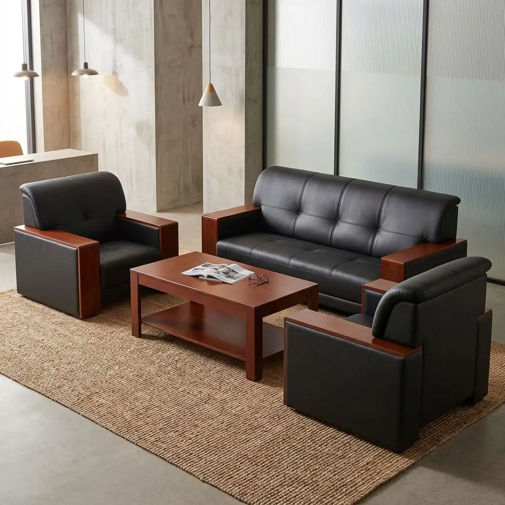 Corporate Waiting Room Set with black three-seater sofa and matching single office chairs