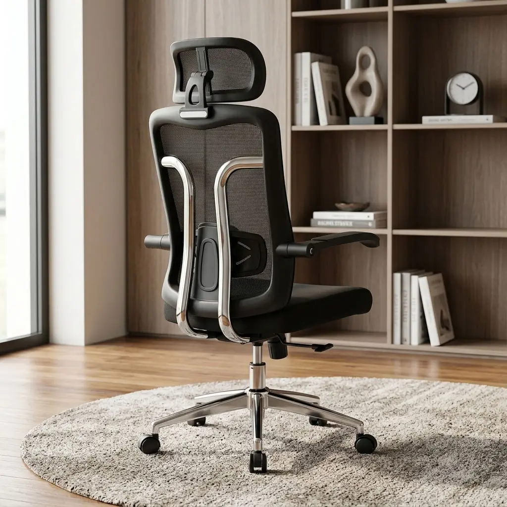 Orthopedic High Back Office Chair with mesh back, headrest, fixed armrests, and padded seat