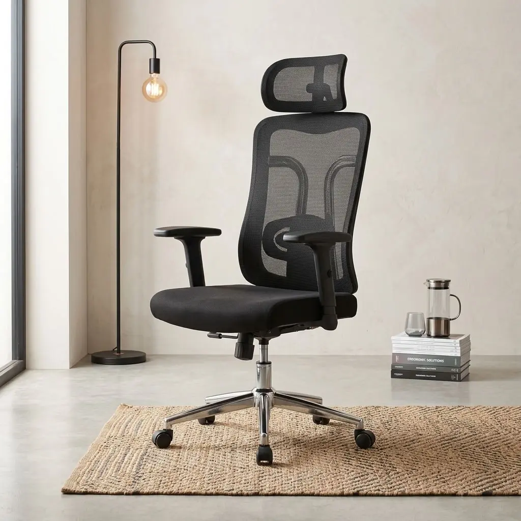 Orthopedic High Back Office Chair with mesh back, headrest, fixed armrests, and padded seat