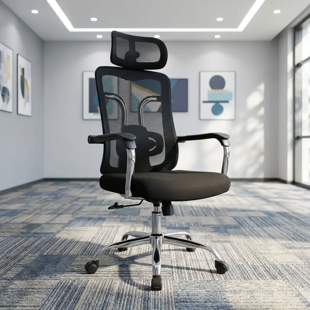 Orthopedic High Back Office Chair with mesh back, headrest, fixed armrests, and padded seat