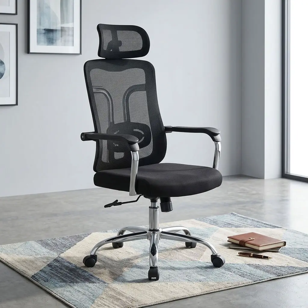 Orthopedic High Back Office Chair with mesh back, headrest, fixed armrests, and padded seat