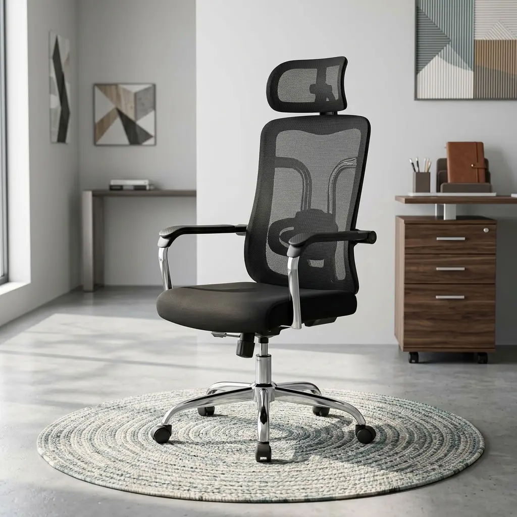 Orthopedic High Back Office Chair with mesh back, headrest, fixed armrests, and padded seat