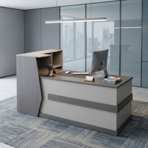 2m Executive Office Reception Desk with raised counter, spacious worktop, and built-in shelving