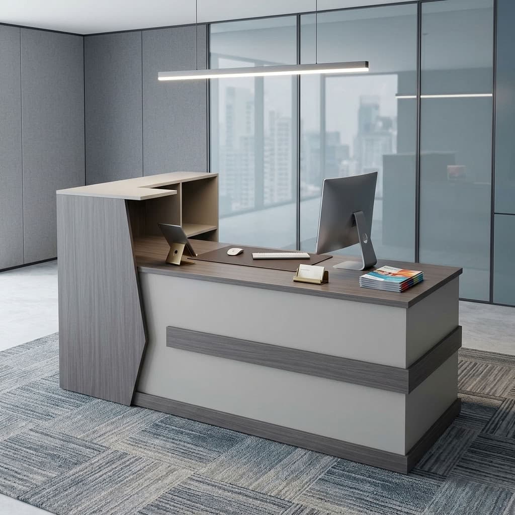 2m Executive Office Reception Desk with raised counter, spacious worktop, and built-in shelving