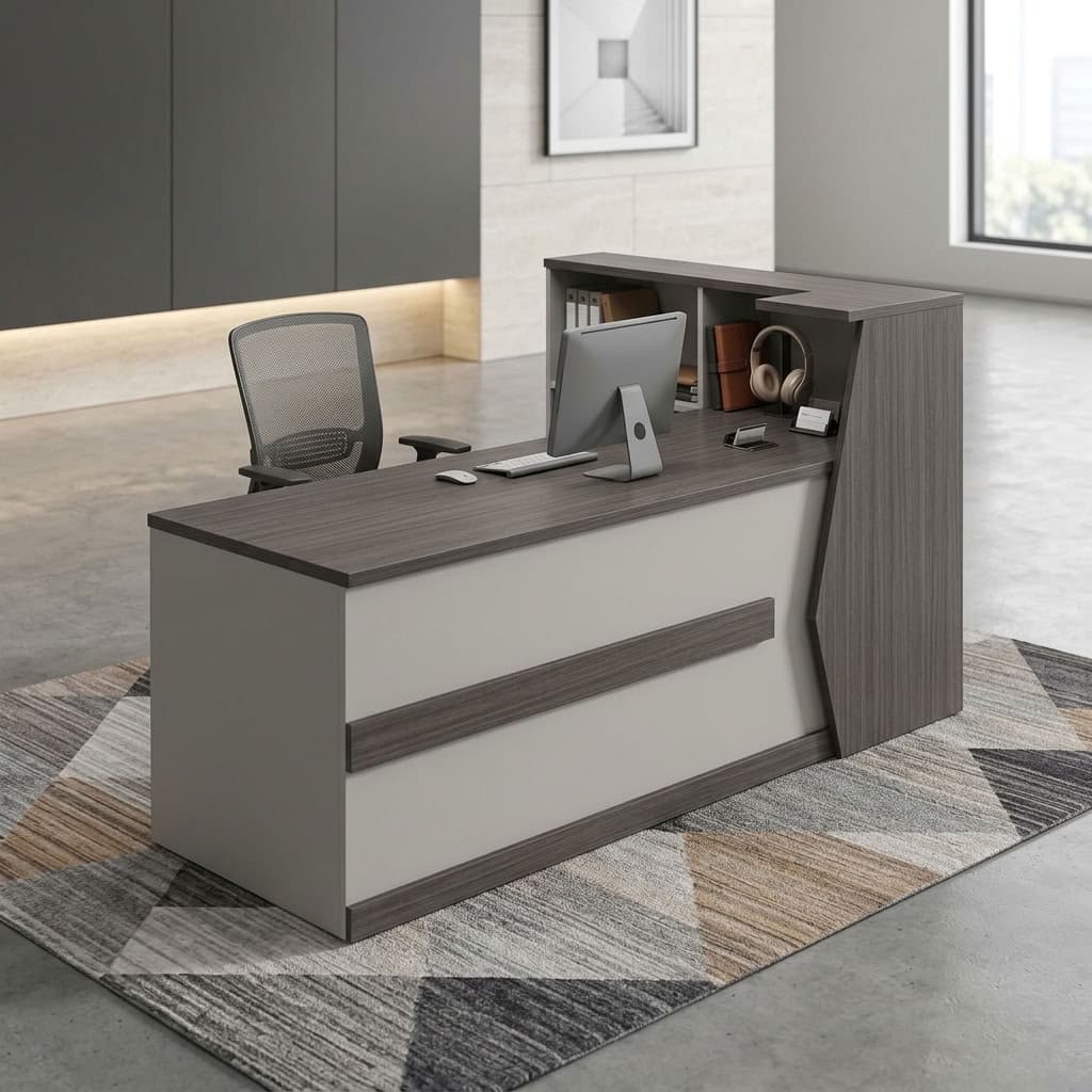 2m Executive Office Reception Desk with raised counter, spacious worktop, and built-in shelving