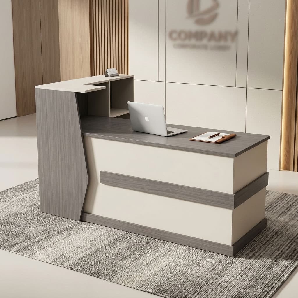 2m Executive Office Reception Desk with raised counter, spacious worktop, and built-in shelving