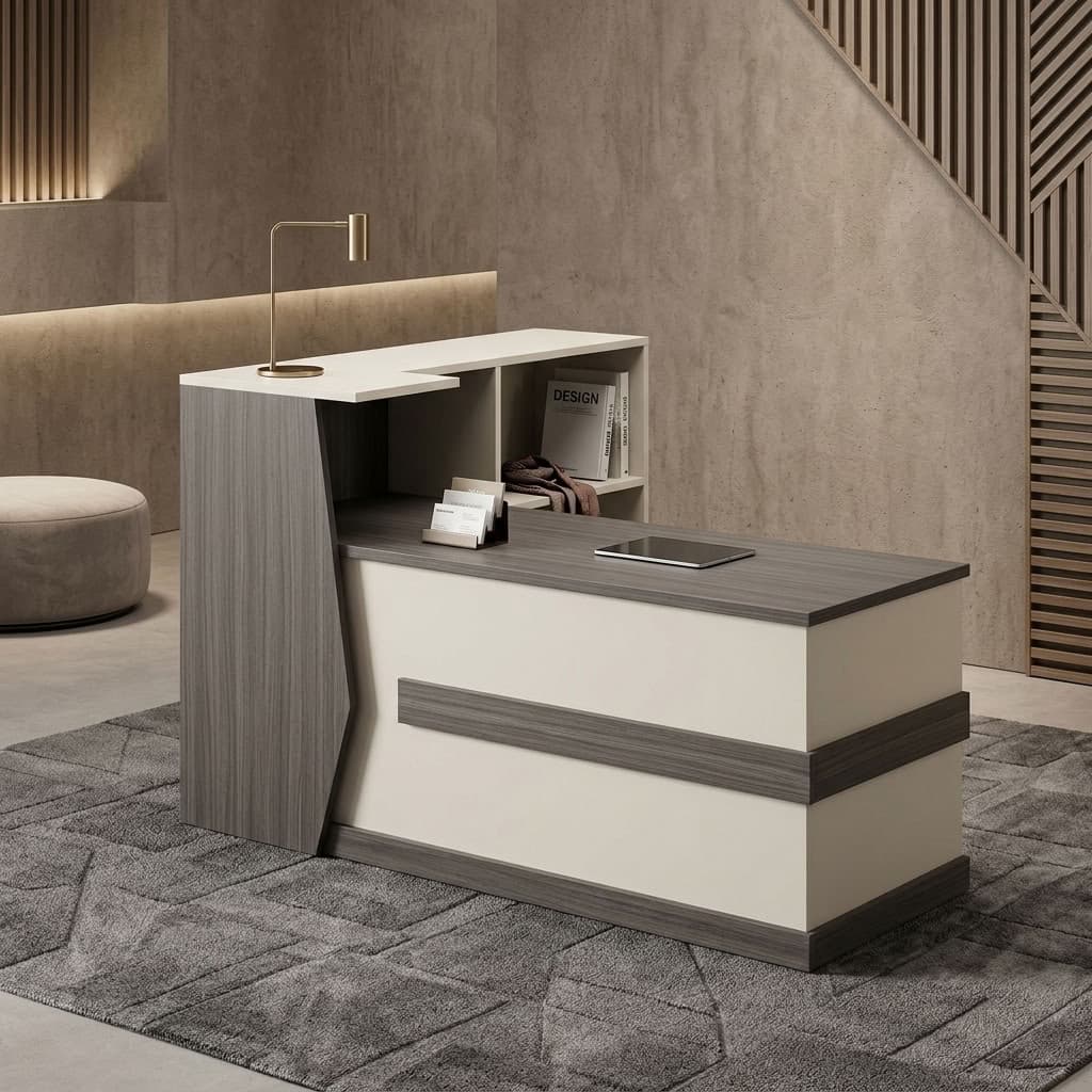 2m Executive Office Reception Desk with raised counter, spacious worktop, and built-in shelving