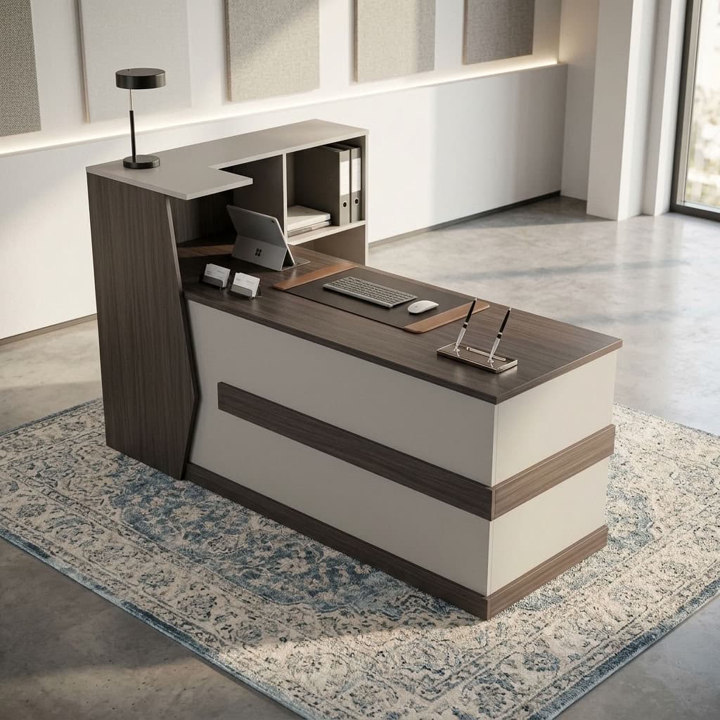 2m Executive Office Reception Desk with raised counter, spacious worktop, and built-in shelving