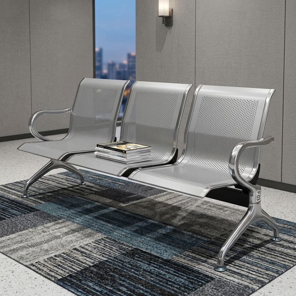 3Link Office Waiting Bench with three perforated metal seats, backrests, and armrests