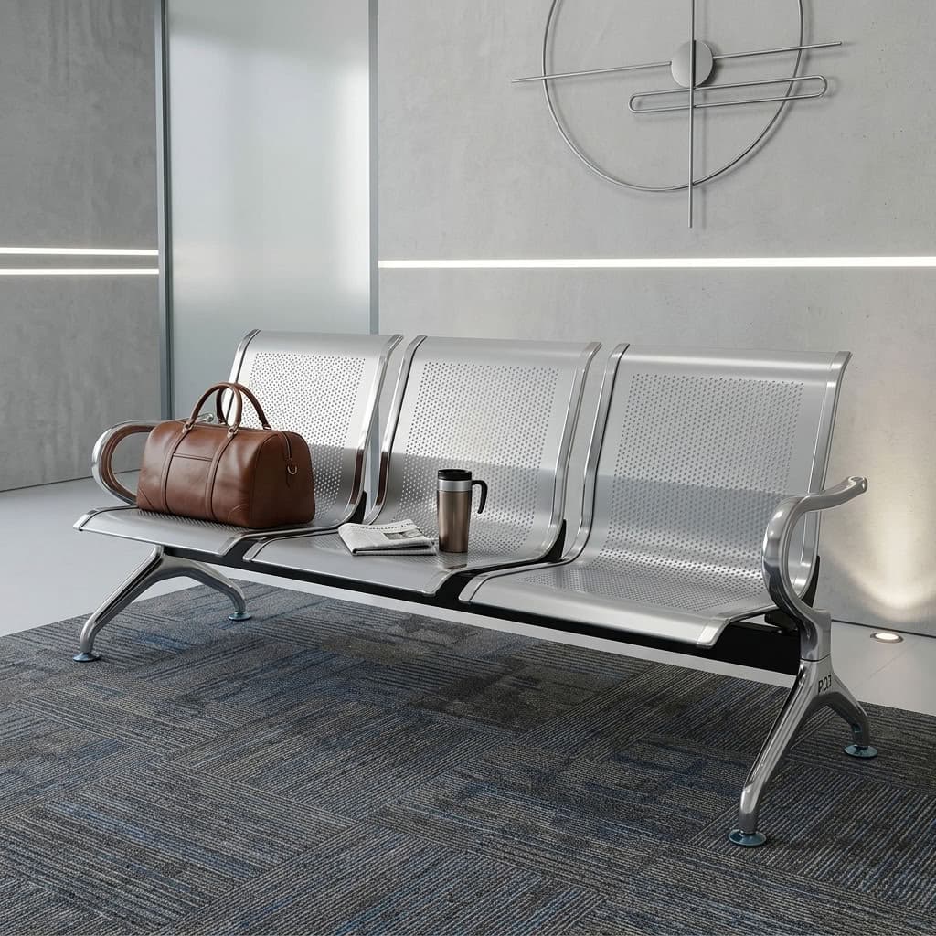 3Link Office Waiting Bench with three perforated metal seats, backrests, and armrests