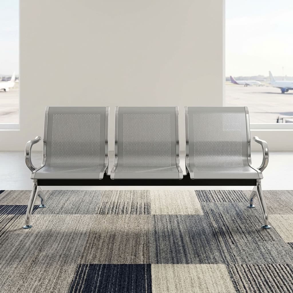 3Link Office Waiting Bench with three perforated metal seats, backrests, and armrests