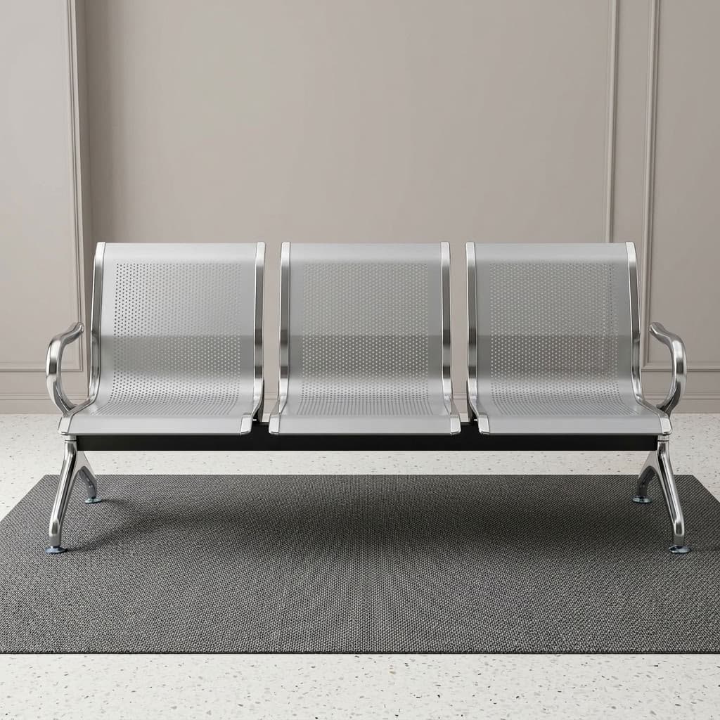 3Link Office Waiting Bench with three perforated metal seats, backrests, and armrests