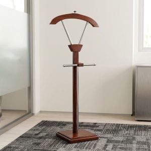 Executive Office Coat Hanger with curved wooden hanger, chrome accents, and sturdy square base