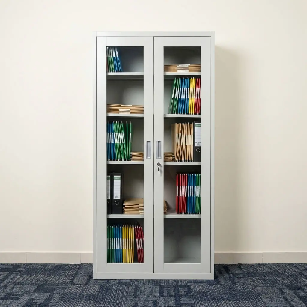 Full Glass Office Filing Cabinet with two glass doors, multiple shelves, and lockable document storage