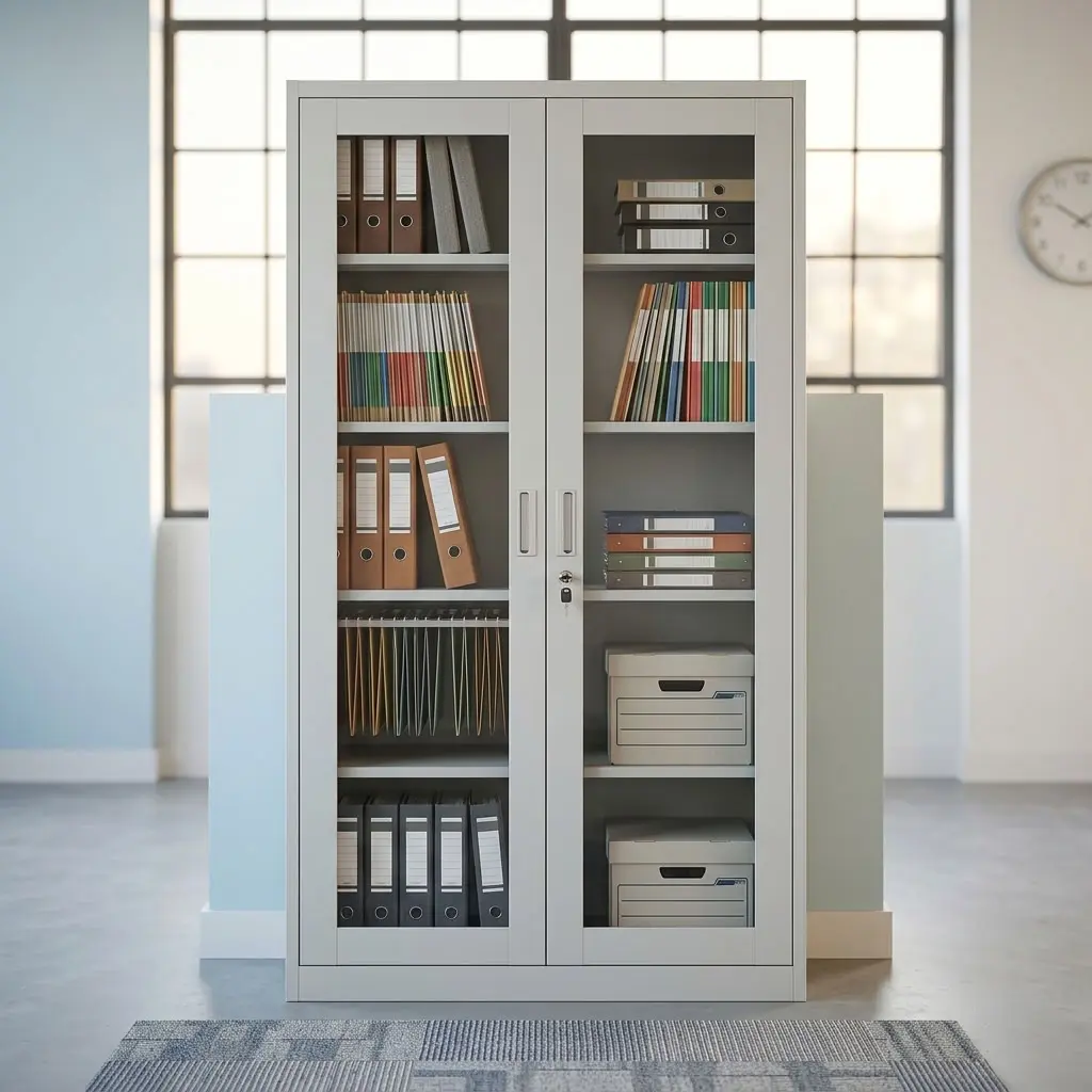 Full Glass Office Filing Cabinet with two glass doors, multiple shelves, and lockable document storage