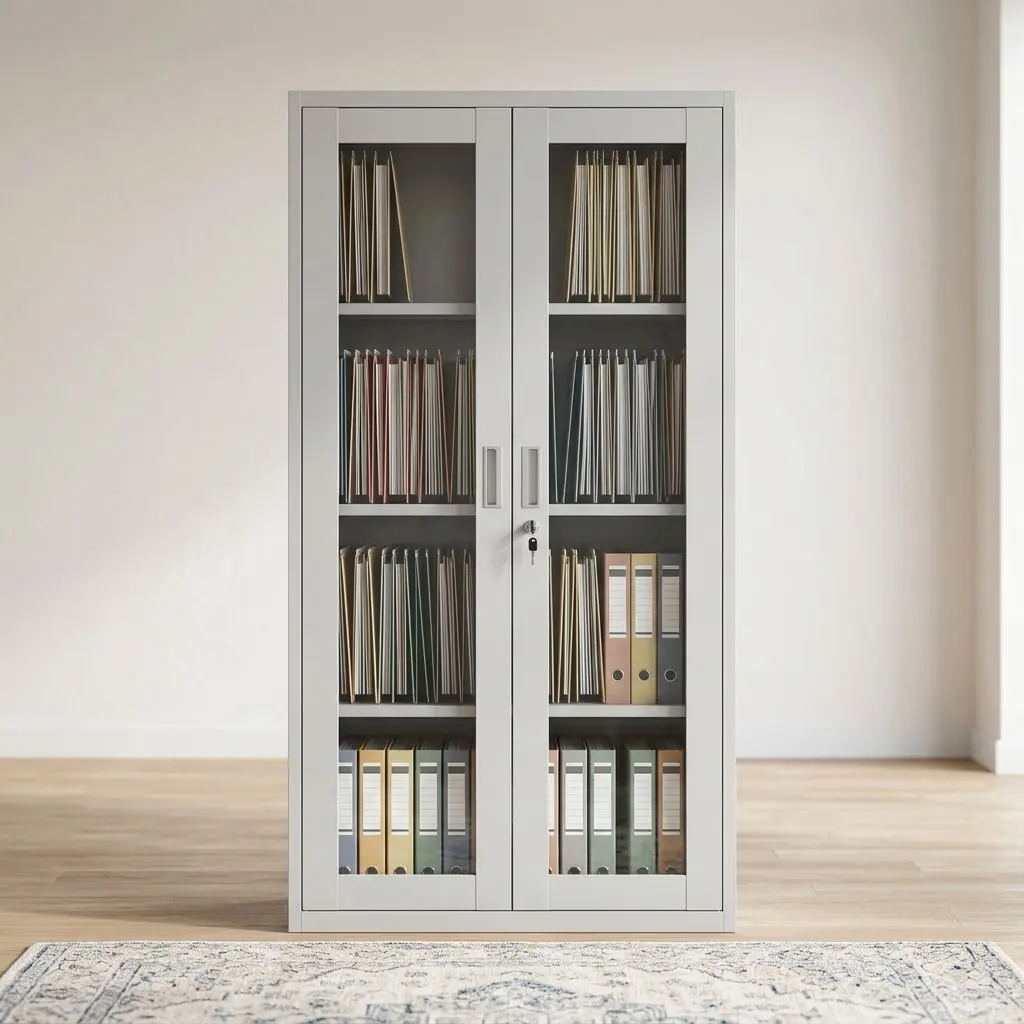 Full Glass Office Filing Cabinet with two glass doors, multiple shelves, and lockable document storage