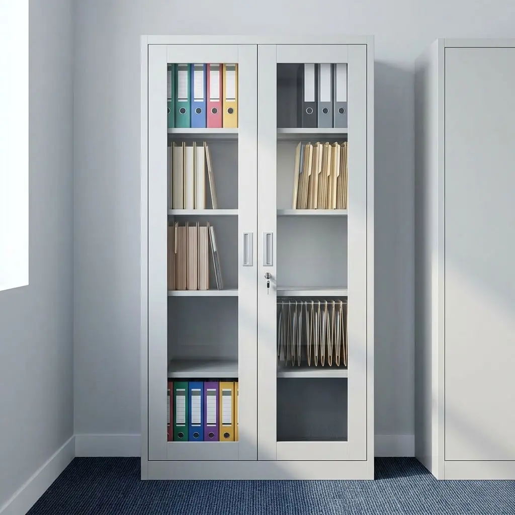 Full Glass Office Filing Cabinet with two glass doors, multiple shelves, and lockable document storage