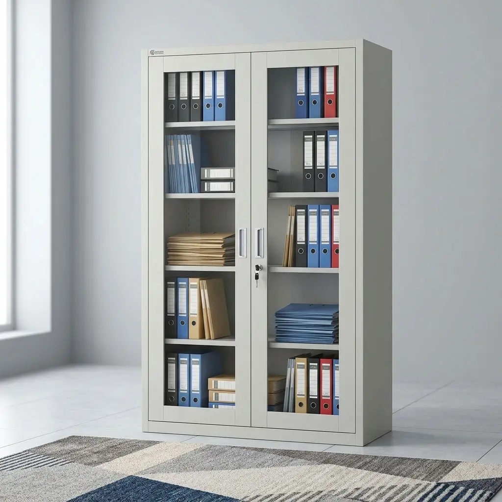 Full Glass Office Filing Cabinet with two glass doors, multiple shelves, and lockable document storage