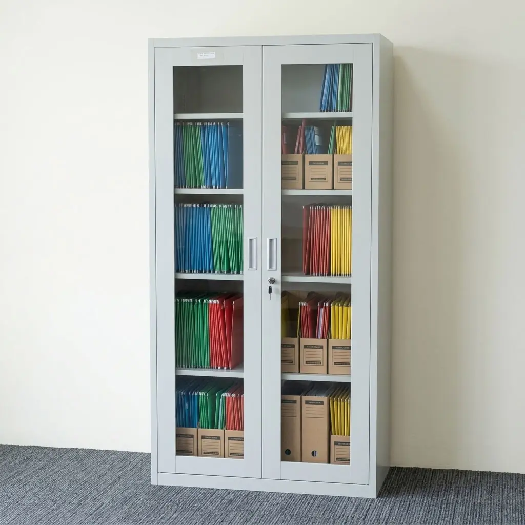 Full Glass Office Filing Cabinet with two glass doors, multiple shelves, and lockable document storage
