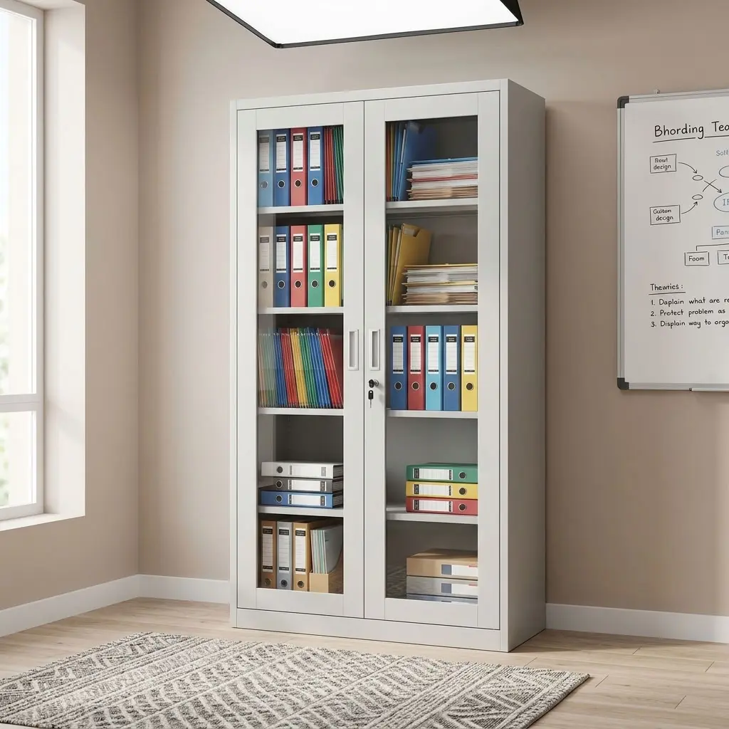 Full Glass Office Filing Cabinet with two glass doors, multiple shelves, and lockable document storage