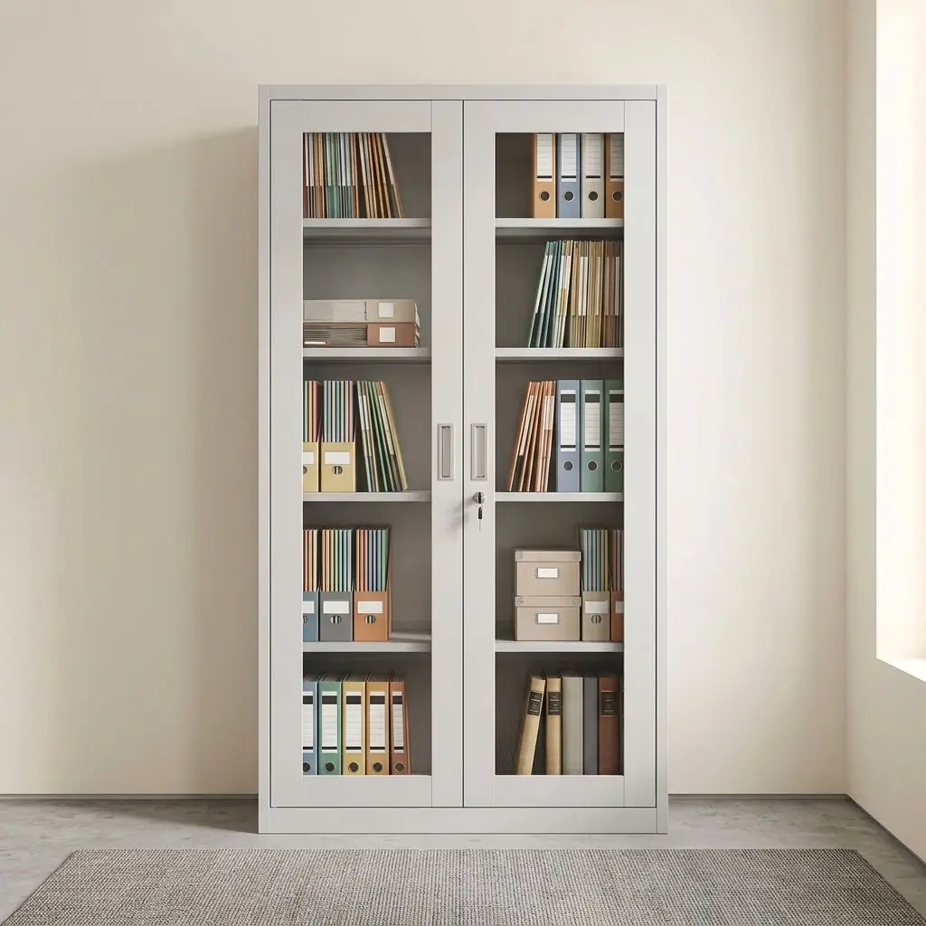 Full Glass Office Filing Cabinet with two glass doors, multiple shelves, and lockable document storage