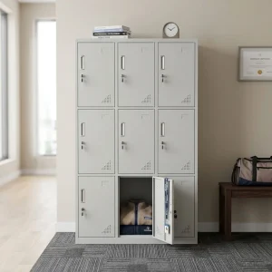 Corporate Office Staff Locker with 9 individual lockable metal compartments, handles, and ventilation openings