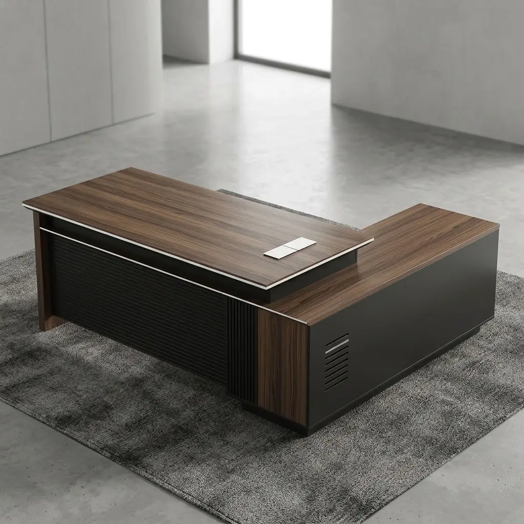 2000mm Modern Executive Office Desk with L-shaped design, wood-grain finish, black accents, and spacious workspace