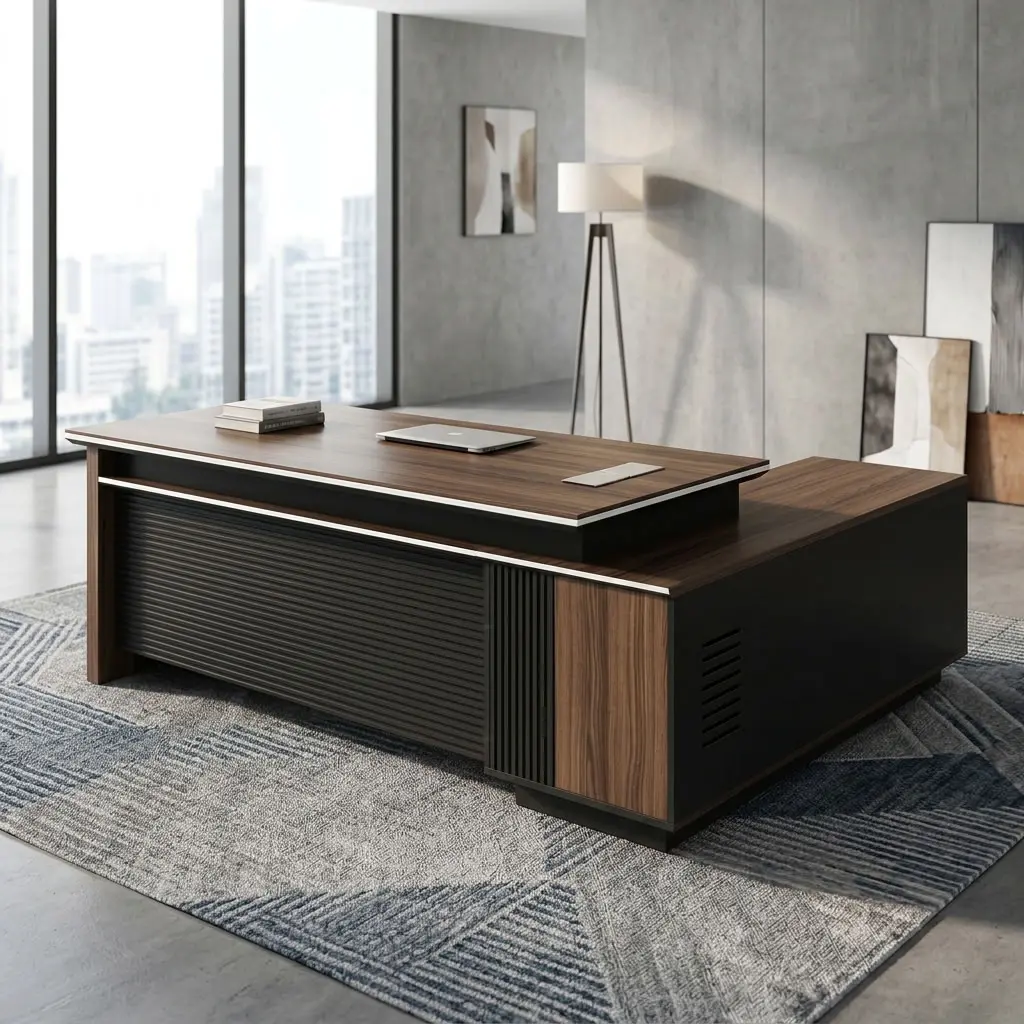 2000mm Modern Executive Office Desk with L-shaped design, wood-grain finish, black accents, and spacious workspace