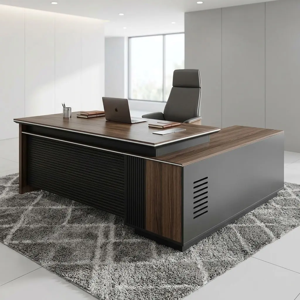 2000mm Modern Executive Office Desk with L-shaped design, wood-grain finish, black accents, and spacious workspace