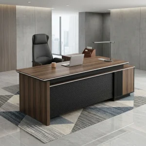 2000mm Modern Executive Office Desk with L-shaped design, wood-grain finish, black accents, and spacious workspace
