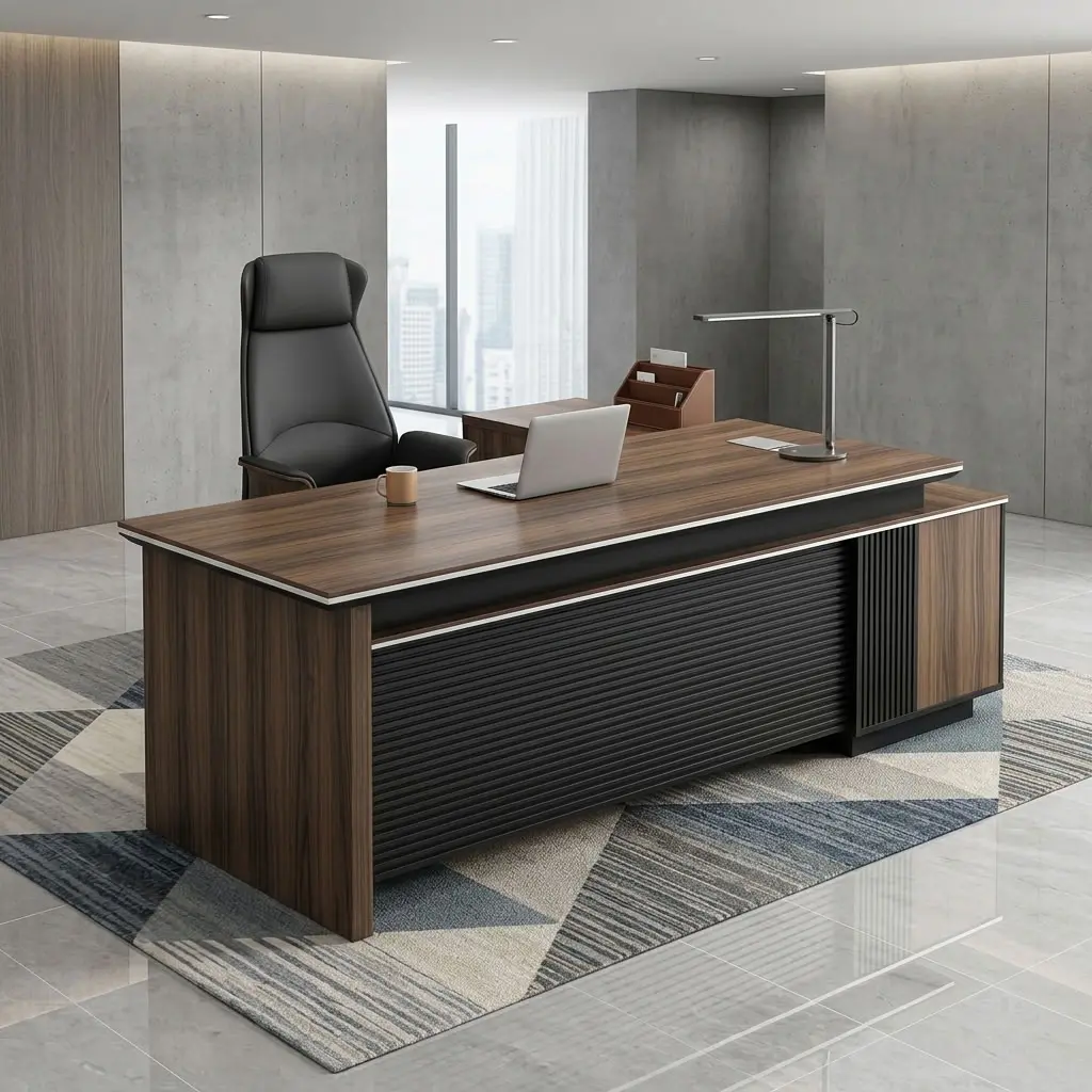 2000mm Modern Executive Office Desk with L-shaped design, wood-grain finish, black accents, and spacious workspace