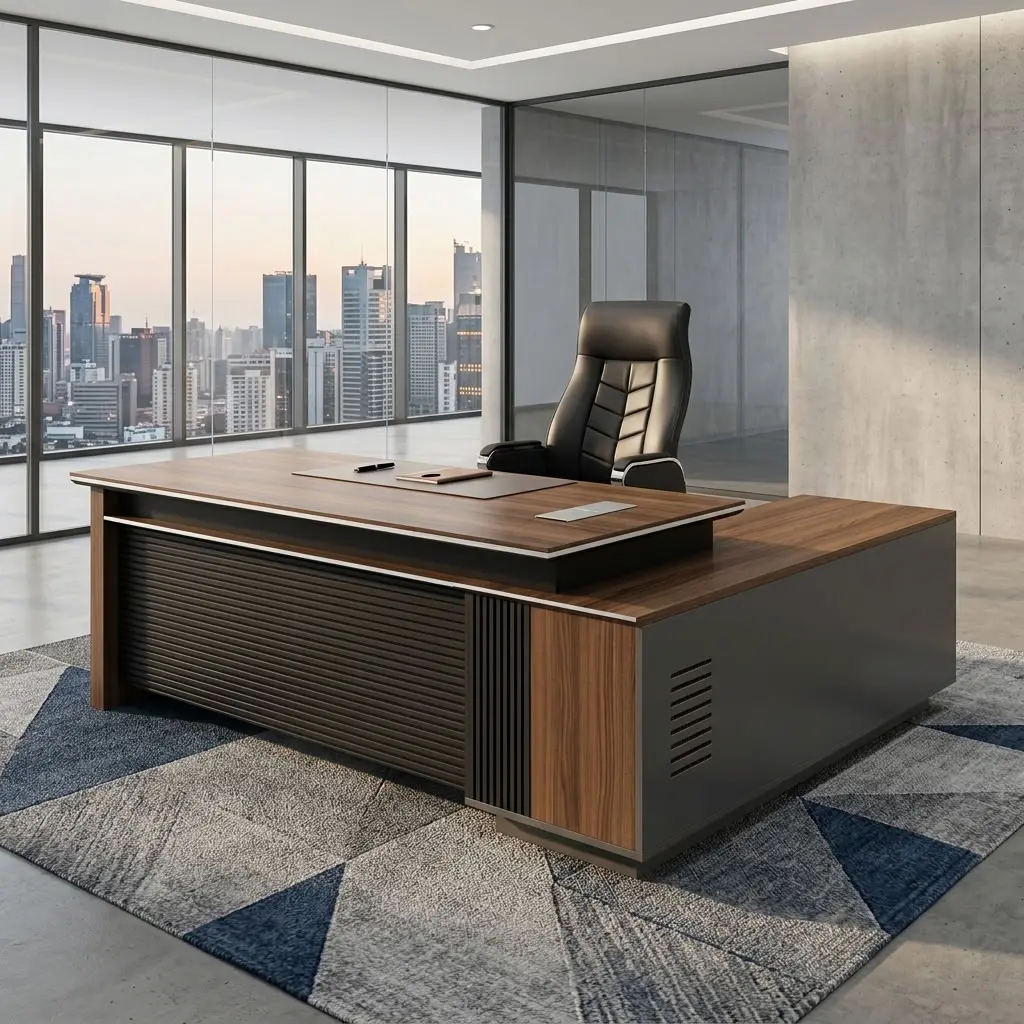 2000mm Modern Executive Office Desk with L-shaped design, wood-grain finish, black accents, and spacious workspace
