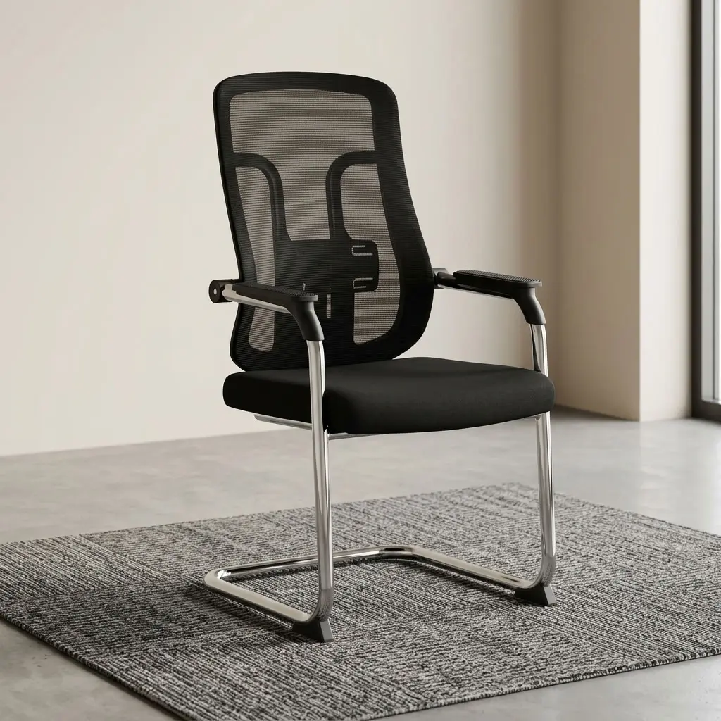 Modern Cantilever Visitor Seat with black mesh backrest, padded seat, armrests, and metal frame