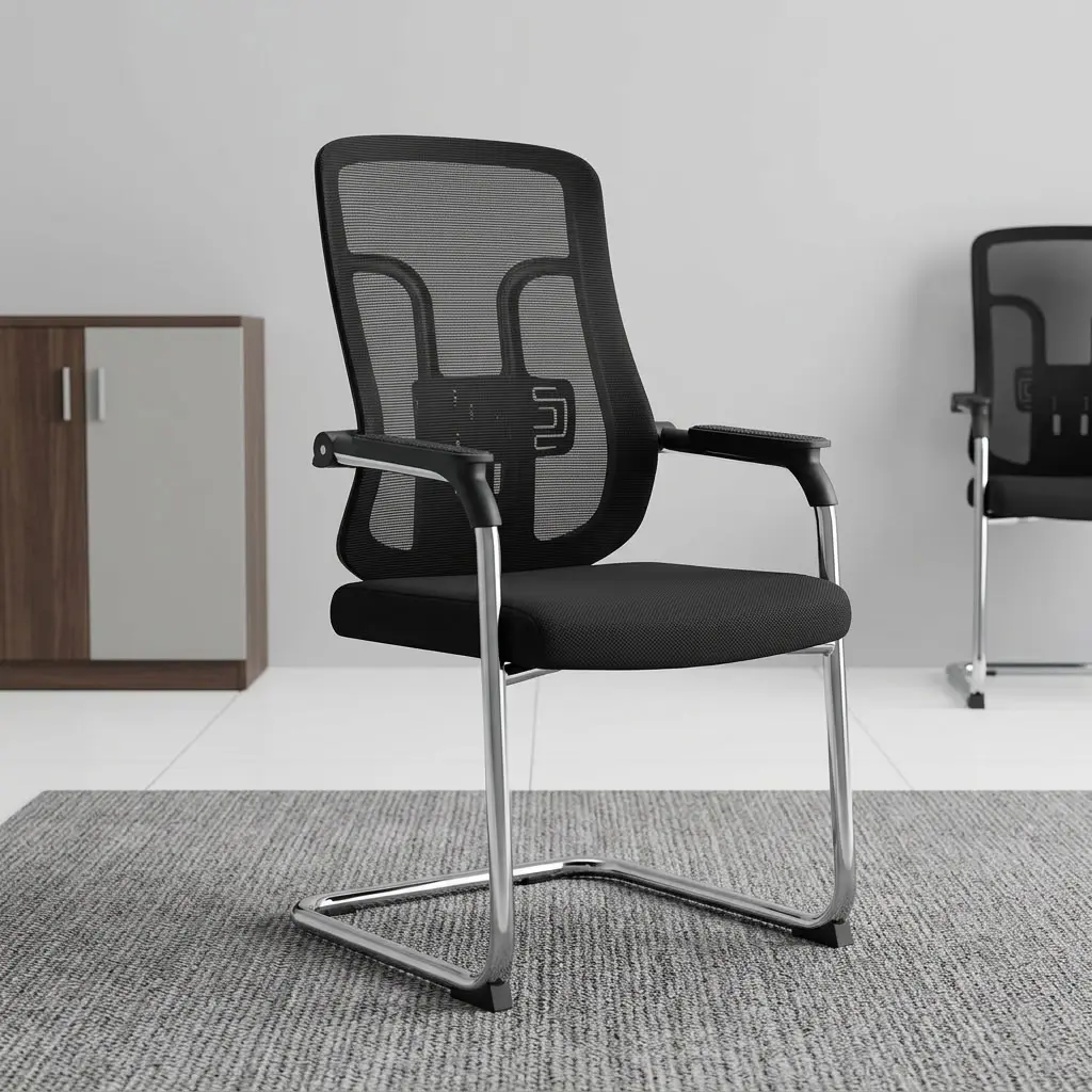 Modern Cantilever Visitor Seat with black mesh backrest, padded seat, armrests, and metal frame