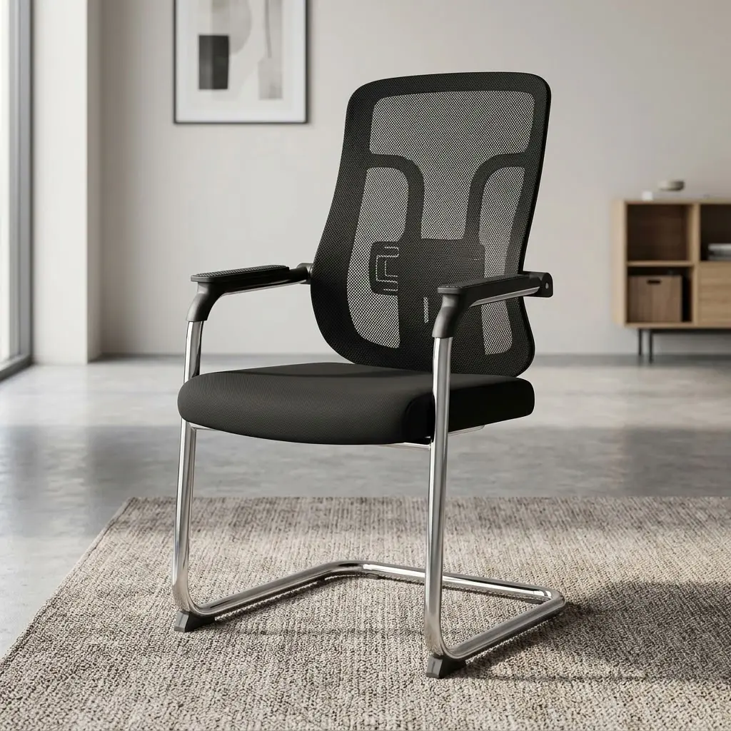 Modern Cantilever Visitor Seat with black mesh backrest, padded seat, armrests, and metal frame