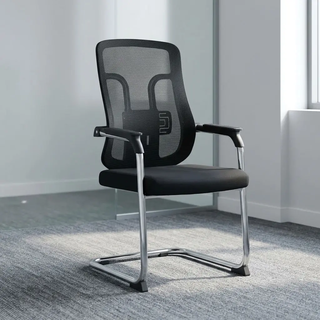 Modern Cantilever Visitor Seat with black mesh backrest, padded seat, armrests, and metal frame