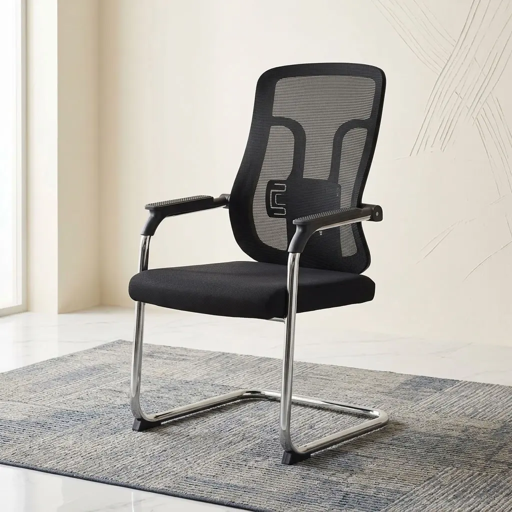 Modern Cantilever Visitor Seat with black mesh backrest, padded seat, armrests, and metal frame