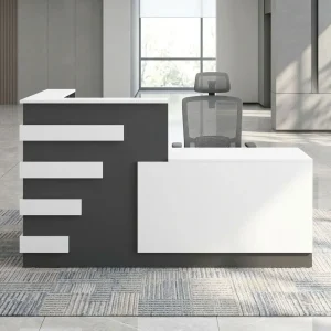 1800mm Reception Desk with raised counter, spacious workstation, and modern white and dark gray finish